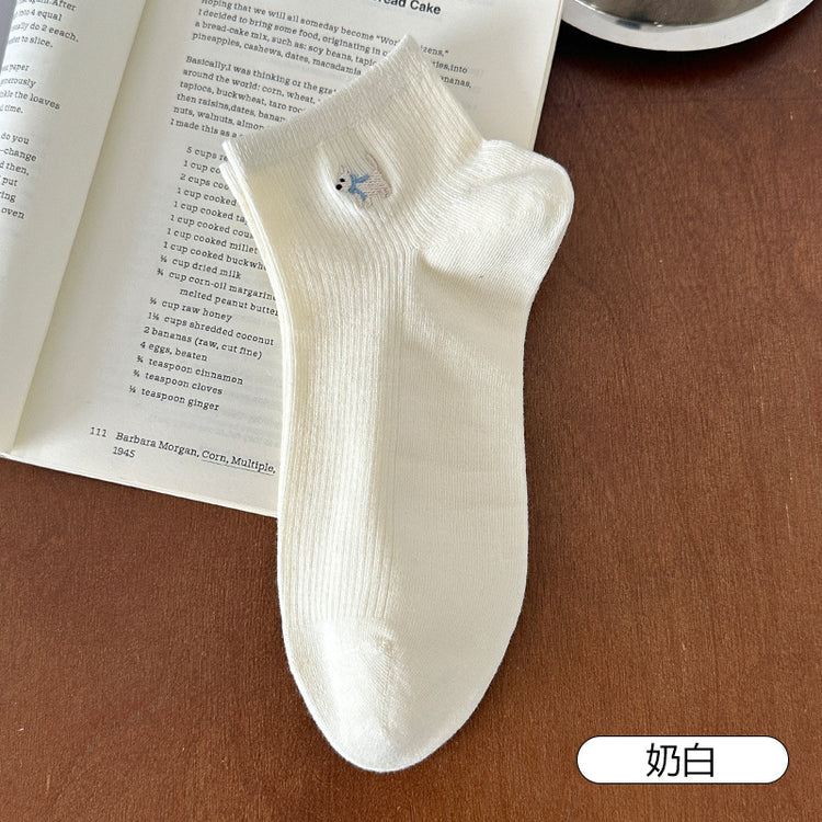 女襪|白色襪子女夏季薄款卡通刺繡小狗彈力短襪棉質吸汗透氣舒適運動襪「FKF2508」25.06-3