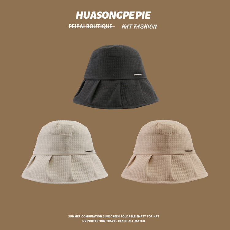 流行帽子|帽子夏季新款大帽檐遮臉方格QIA裙擺漁夫帽日系簡約時尚防曬帽女「C4068」24.06-3