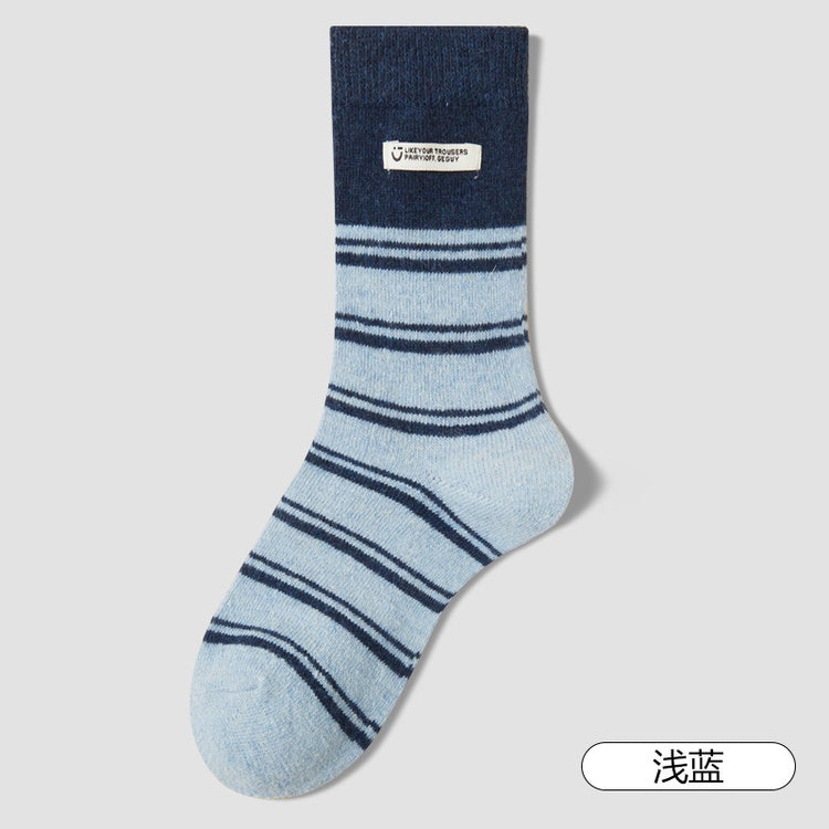 女襪|布標條紋襪子女冬季加絨加厚保暖美利奴羊毛襪親膚舒適彈力中筒襪「GO25106」25.12-1