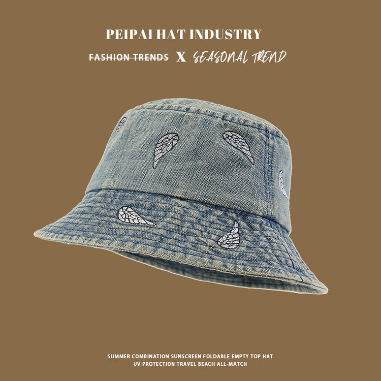 流行帽子|韓版葉子刺繡牛仔漁夫帽子女春秋水洗復古戶外百搭遮陽小檐水桶帽「C4961」25.03-1