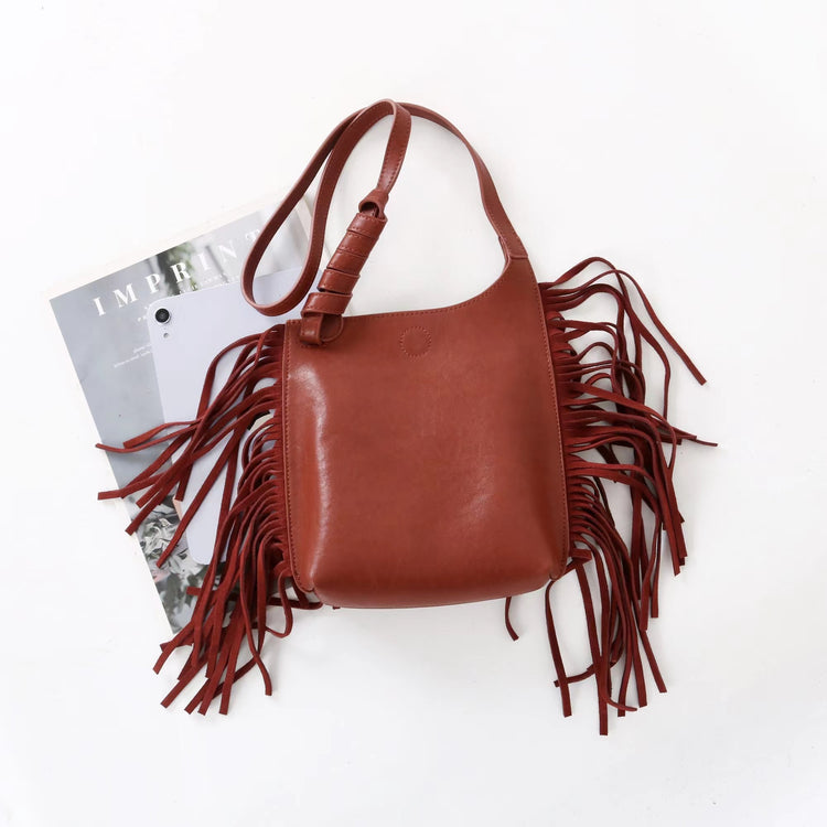 質感真皮|2025全新流蘇軟牛皮斜背包度假風百搭休閒信封包潮流輕奢單肩斜挎包「7058」25.09-4