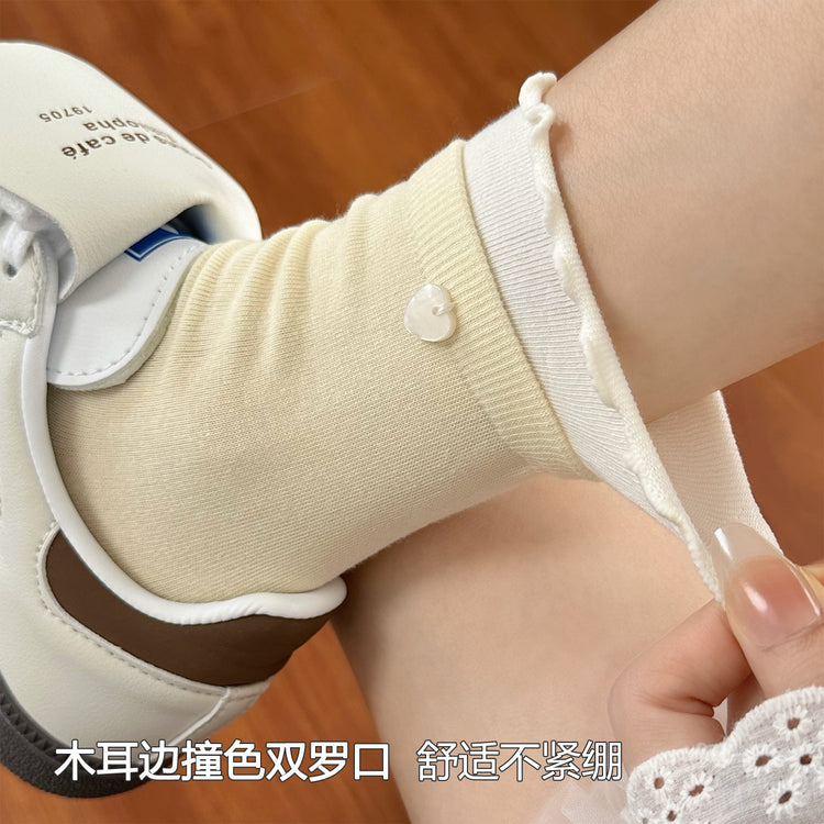 女襪|拼色雙羅口襪子女棉質吸汗透氣彈力花邊堆堆襪愛心紐扣無骨中筒襪「SM2506」25.06-1