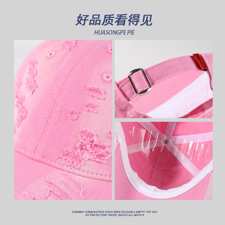 流行帽子|薄荷綠鴨舌帽女夏季小清新多巴胺穿搭遮陽帽個性破洞顯臉小棒球帽「C4161」24.07-3