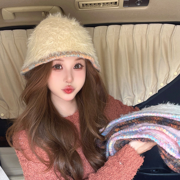 流行帽子|帽子女秋冬季彩虹檐邊毛絨針織水桶帽加厚保暖毛茸茸顯臉小毛線帽「C4442」24.09-2