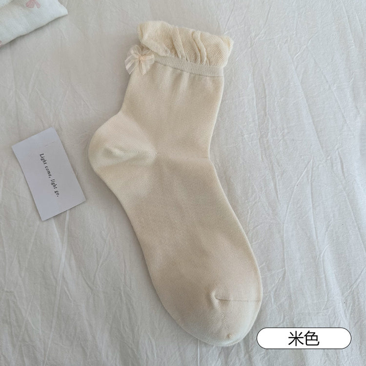 女襪|後跟蝴蝶結襪子女春夏季ins潮花邊襪口中筒襪棉質吸汗透氣堆堆襪「SM2501」25.04-1