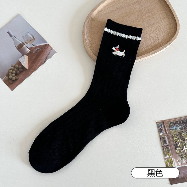 女襪|花邊襪子女夏季薄款鏤空網眼透氣彈力中筒襪卡通動物刺繡堆堆襪「TM7545」25.04-5
