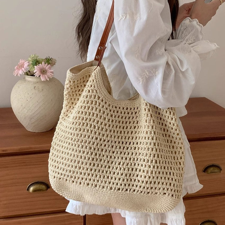 日韓流行|夏季編織包通勤草編托特大包女2024新款海邊沙灘包大容量單肩包「9389#」24.05-4