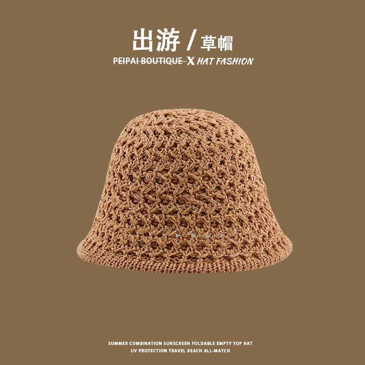 流行帽子|草帽編織女可折疊沙灘帽夏季鏤空透氣水桶帽甜美海邊遮陽帽子批發「C3748」24.03-4