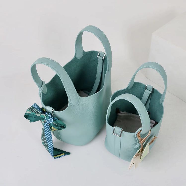 質感真皮|2025年新款時尚軟牛皮水桶包togo頭層牛皮h家菜籃子百搭通勤手提包「80900」25.04-4