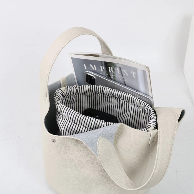 質感真皮|新款頭層牛皮水桶包菜籃手提女真皮高級感托特包荔枝紋包包「9017」25.03-2