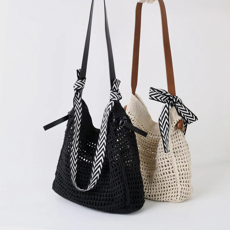 質感真皮|2025新款蠟繩編織托特大容量斜背包頭層牛皮沙灘度假通勤包ins女「3853」25.04-5