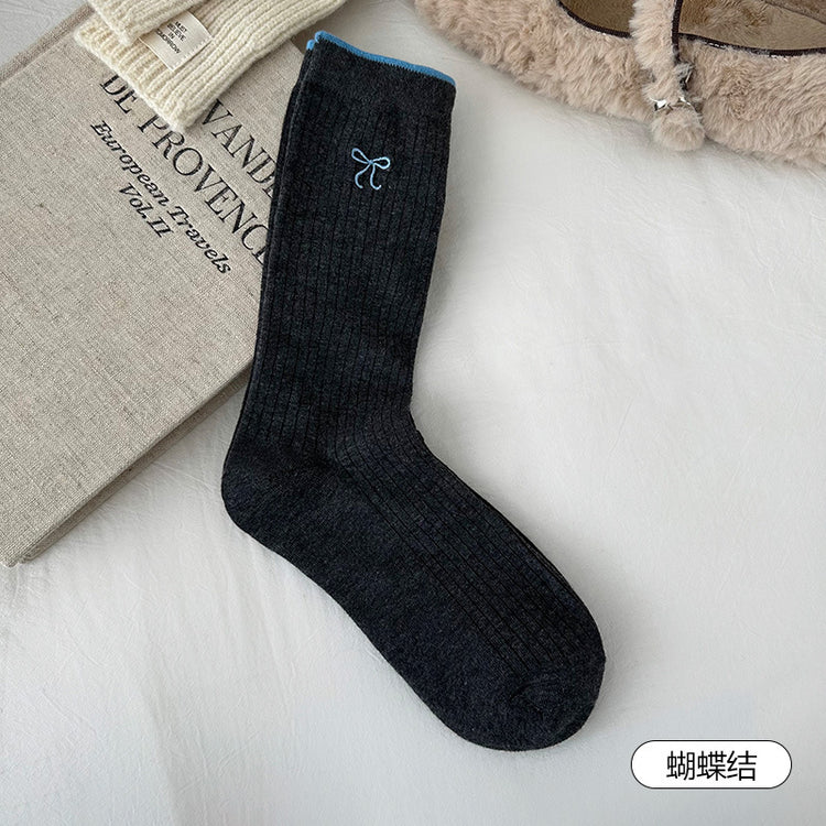 女襪|灰色羊毛襪子女冬季加絨加厚保暖愛心蝴蝶結堆堆襪彈力親膚中筒襪「HD25856」25.11-2