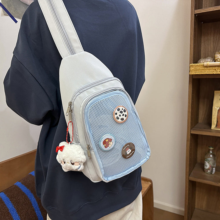 致青春|可愛少女休閒胸章斜背包日系ins透明網袋大容量簡約百搭單肩包批發「2739-120」25.04-3