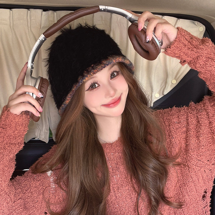 流行帽子|帽子女秋冬季彩虹檐邊毛絨針織水桶帽加厚保暖毛茸茸顯臉小毛線帽「C4442」24.09-2