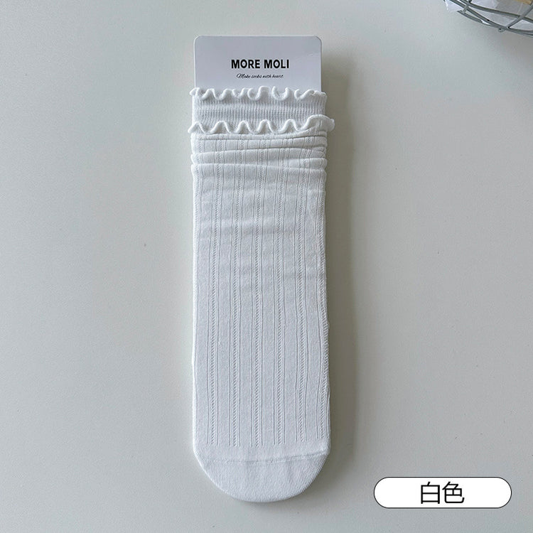 女襪|白色雙木耳邊襪子女miu系竪條顯瘦彈力中筒襪棉質吸汗防臭堆堆襪「NY2626」25.07-4