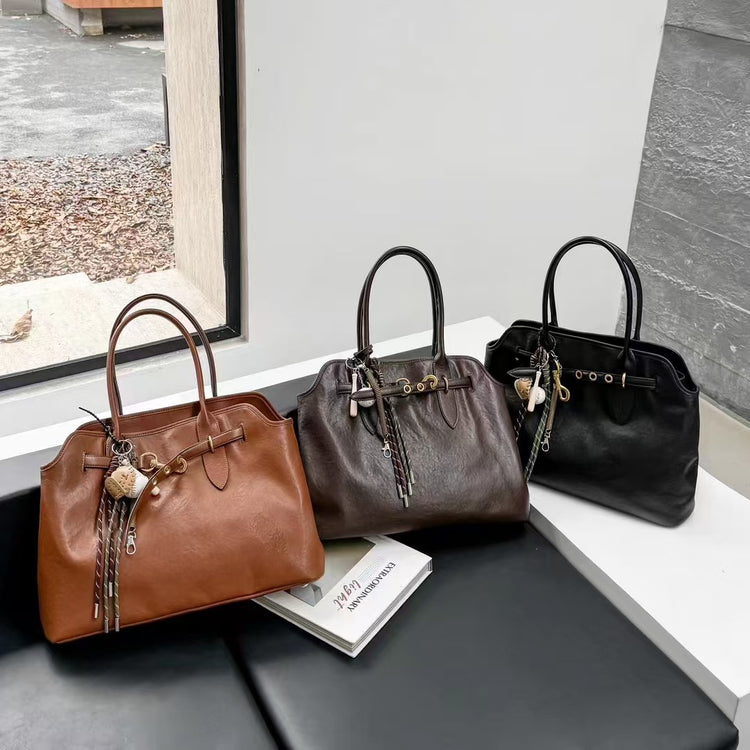 質感真皮|2024新款大容量腋下托特包ins網紅同款小眾復古百搭手提包高級感皮帶扣裝飾大包「8159」24.08-3