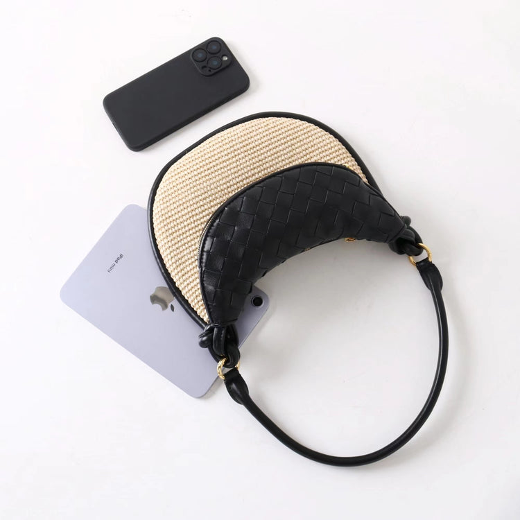 質感真皮|2025新款拉菲草編拼牛皮雙子包拼色月亮包度假單肩腋下包時尚編織包「9781-1」25.07-1