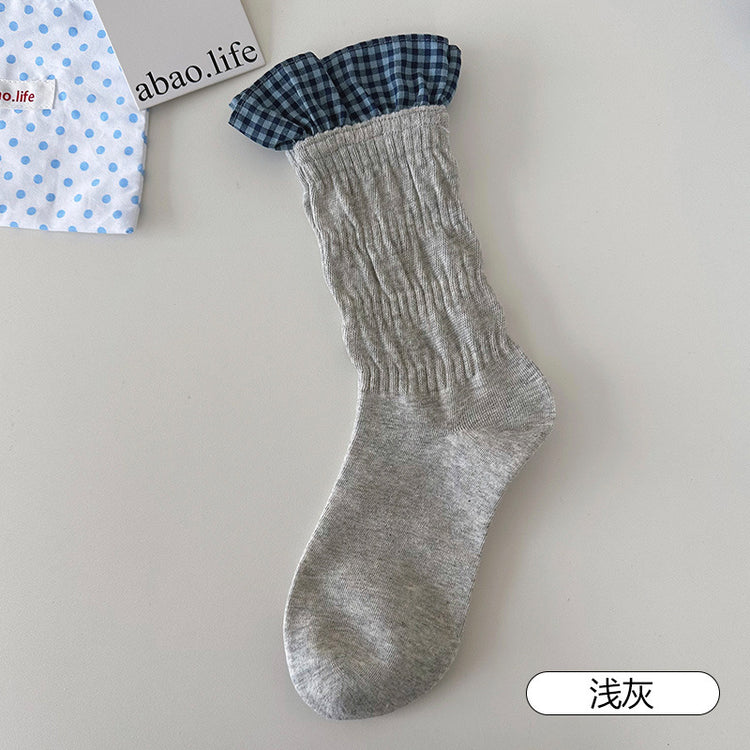 女襪|拼接格子襪子女ins潮親膚舒適好搭堆堆襪棉質吸汗透氣彈力中筒襪「PS135」25.07-5