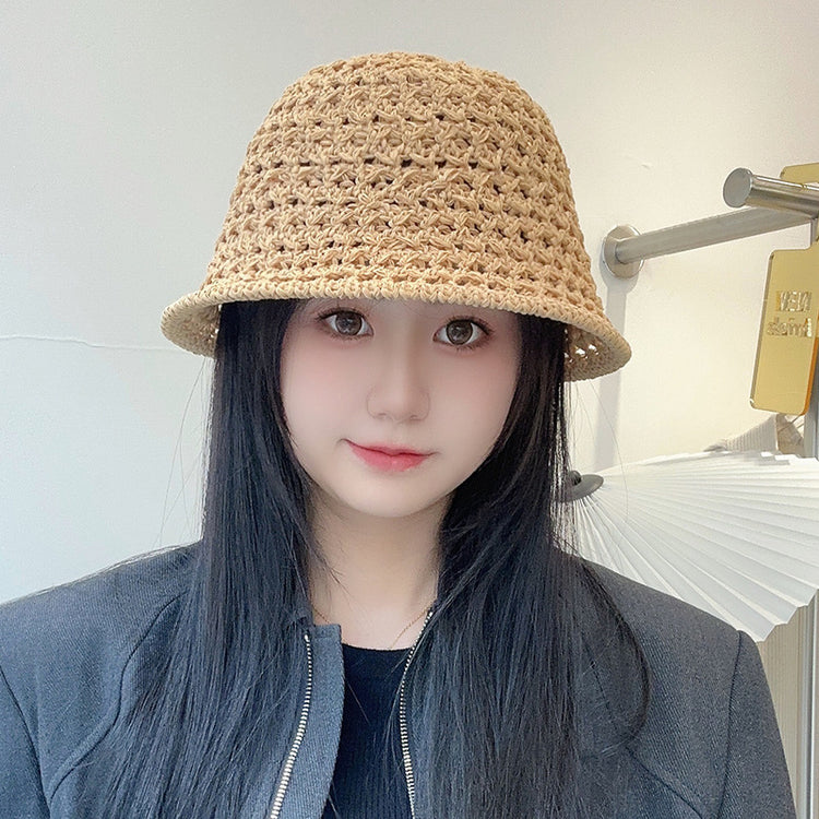流行帽子|夏季新款鏤空草編漁夫帽女透氣防曬遮陽帽沙灘旅遊可折疊太陽帽子「C3647」24.01-4
