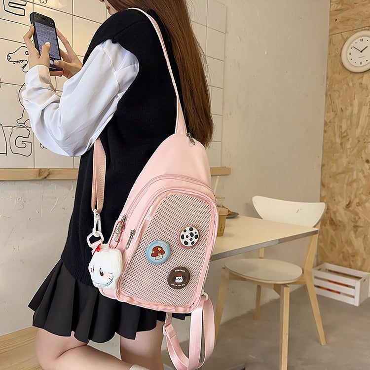 致青春|可愛少女休閒胸章斜背包日系ins透明網袋大容量簡約百搭單肩包批發「2739-120」25.04-3