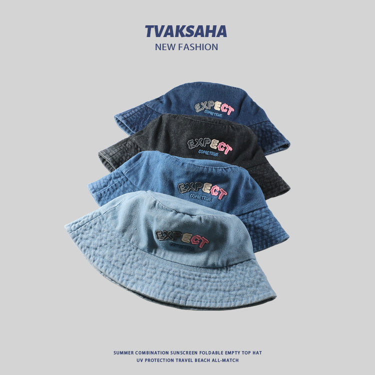 流行帽子|原創設計牛仔漁夫帽女時尚百搭字母盆帽學生情侶防紫外線遮陽帽男「C4124」24.07-3