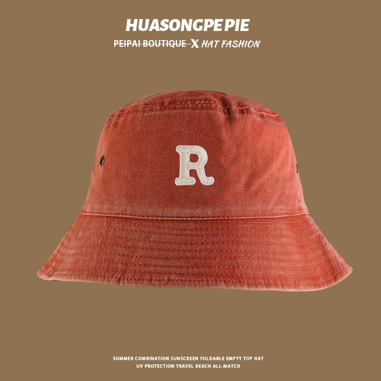 流行帽子|大沿遮陽帽水洗棉R字母刺繡簡約百搭漁夫帽出遊帽子防曬帽夏季女「C4032」24.06-1