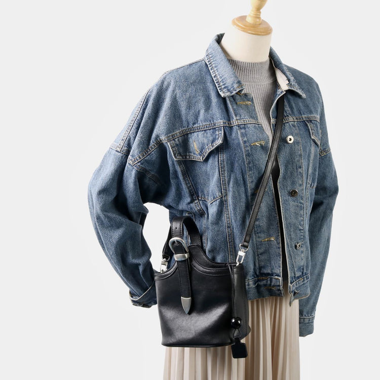 質感真皮|秋冬新款新中式復古水桶包女歐洲站真皮手提菜籃子包通勤單肩包女「15159」24.11-3