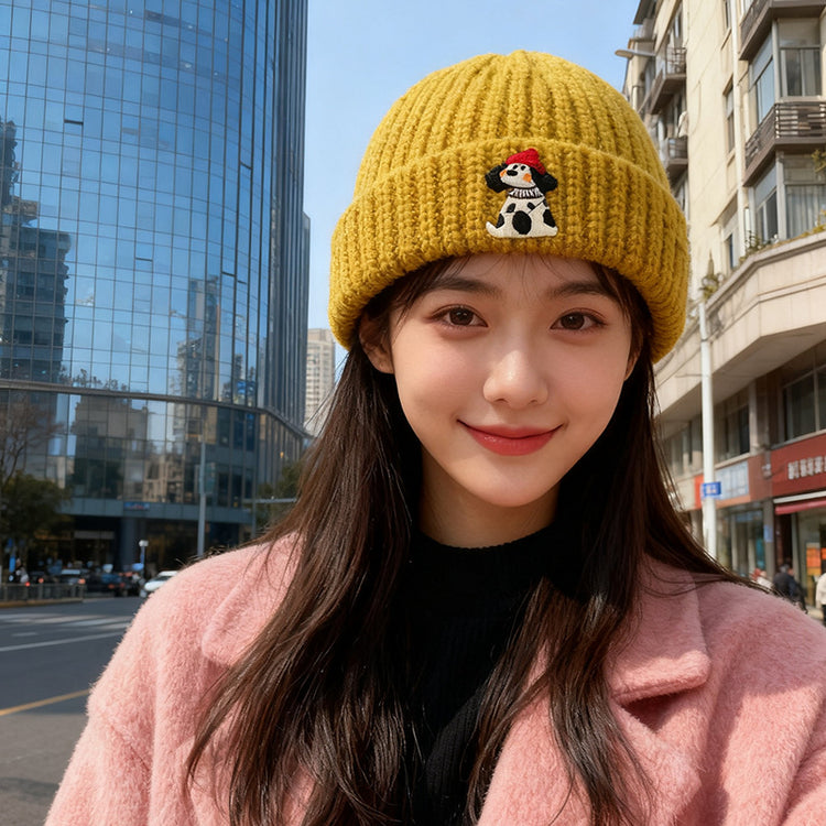 流行帽子|韓版小狗貼布破洞帽子女秋冬季加厚保暖毛線帽可愛針織護耳包頭帽「C5756」25.11-1