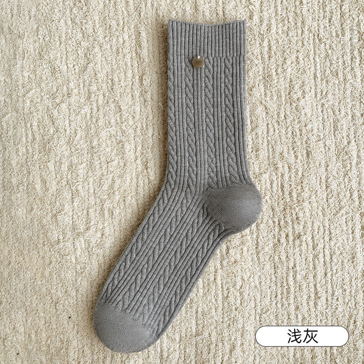 女襪|秋冬美拉德咖色羊毛襪時尚紐扣設計中筒襪秋冬蓄熱加厚保暖睡眠襪「SM24522」24.11-1