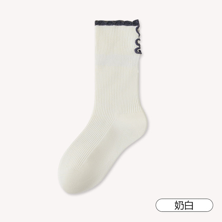 女襪|雙針撞色翻邊襪子女棉質吸汗透氣彈力堆堆襪親膚舒適抗起球中筒襪「AC8842」25.09-2