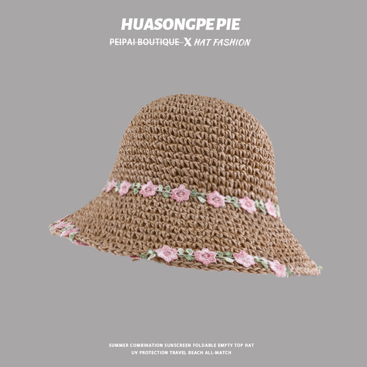 流行帽子|花朵草帽女大帽檐夏季海邊度假沙灘帽顯臉小草編可折疊遮陽防曬帽「C3885」24.04-5