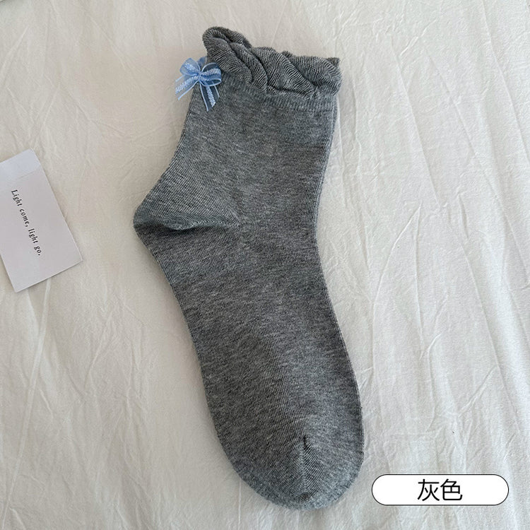 女襪|後跟蝴蝶結襪子女春夏季ins潮花邊襪口中筒襪棉質吸汗透氣堆堆襪「SM2501」25.04-1