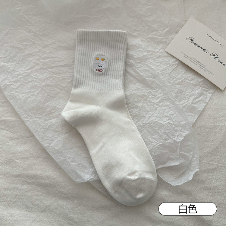 女襪|條紋襪子女萌趣卡通刺繡彈力中筒襪棉質吸汗防臭親膚舒適堆堆襪「W0124」25.03-4