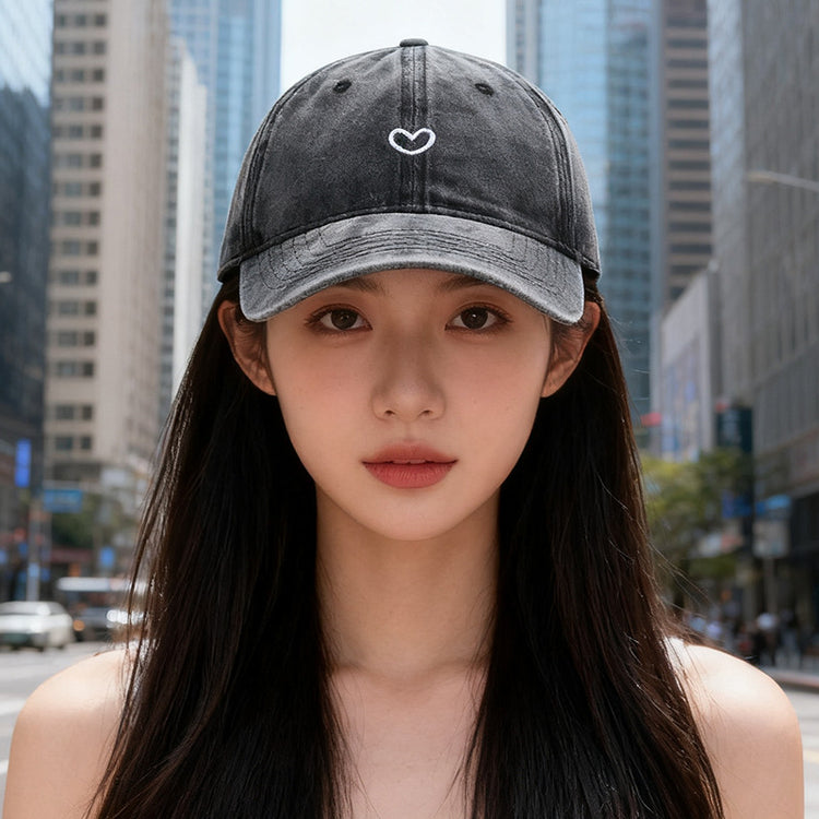 流行帽子|外貿跨境水洗做舊軟頂帽子女愛心刺繡鴨舌帽新款棒球帽男遮陽帽潮「C2506」25.09-3