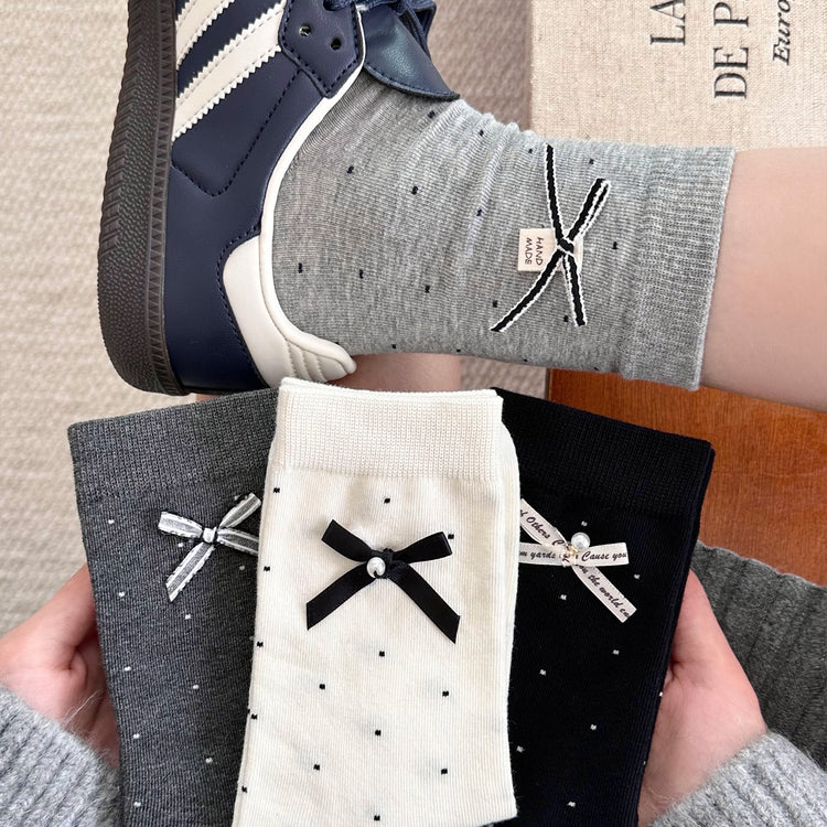 女襪|miu系蝴蝶結襪子女棉質吸汗透氣彈力中筒襪親膚舒適ins潮堆堆襪「MK5136」25.09-5