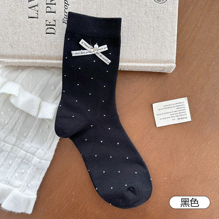 女襪|miu系蝴蝶結襪子女棉質吸汗透氣彈力中筒襪親膚舒適ins潮堆堆襪「MK5136」25.09-5