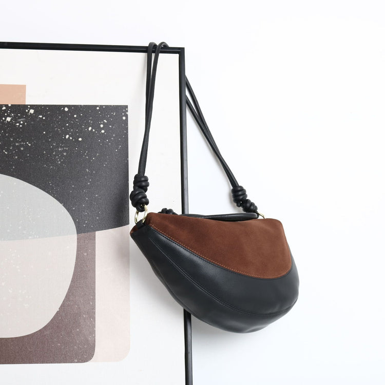質感真皮|磨砂牛皮拼接羊皮月牙包女包2024新款真皮休閒斜背餃子包百搭單肩「3300-3#」24.10-2