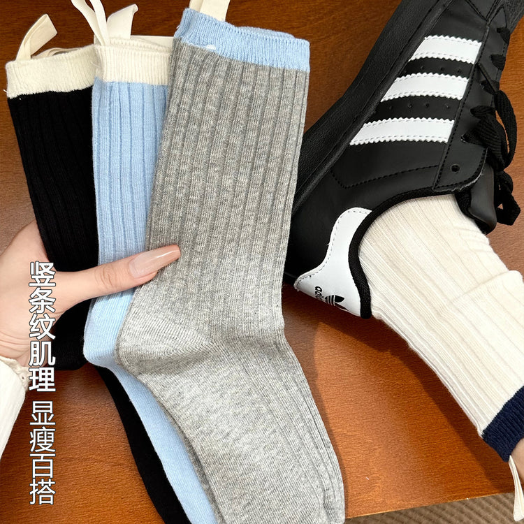 女襪|拼色襪子女棉質親膚舒適彈力中筒襪柔軟吸汗透氣學院風諸暨襪子「XB2389」25.09-2