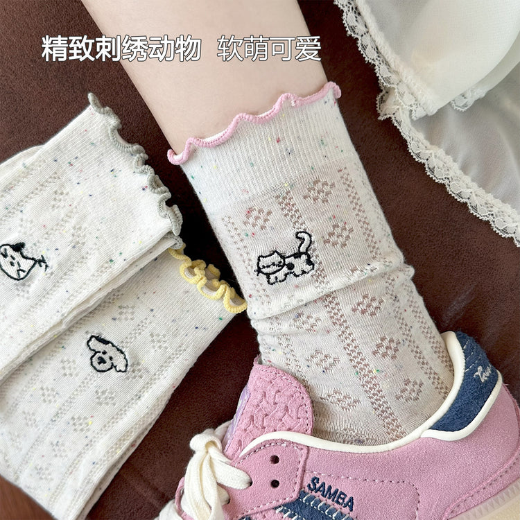女襪|夏季薄款襪子女棉質吸汗透氣撞色木耳邊堆堆襪彈力親膚舒適中筒襪「MD25111」25.07-2
