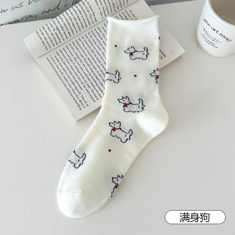 女襪|卡通可愛小狗襪子女夏季通勤簡約ins潮中筒襪棉質吸汗透氣堆堆襪「XH2506」25.06-4