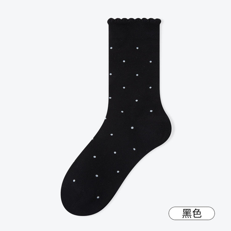 女襪|灰色堆堆襪子女撞色波點彈性花邊羅口中筒襪棉質吸汗透氣休閒襪「YS25803」25.02-2