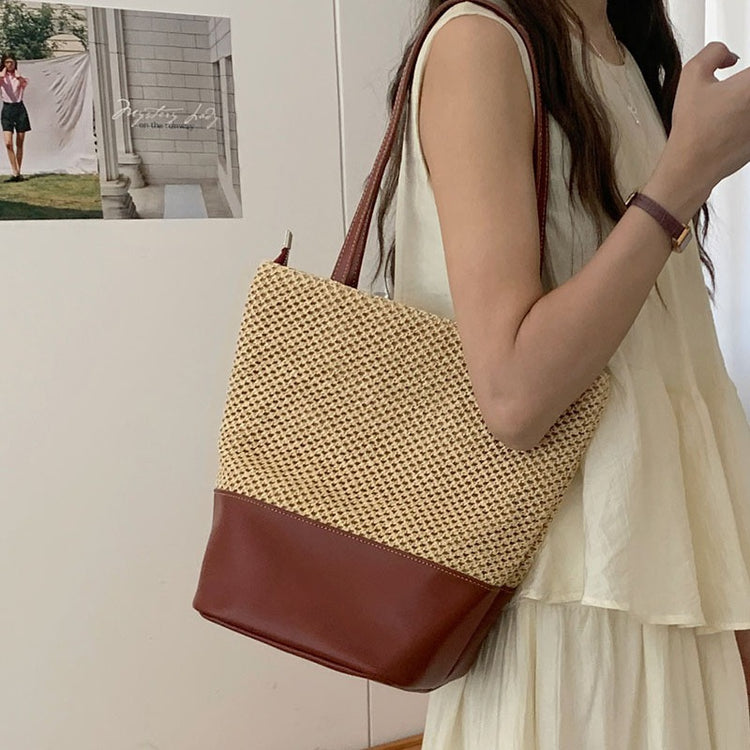 日韓流行|法式鏤空草編包拼接大容量托特包女度假沙灘包復古編織單肩包大包「9421#」24.07-1