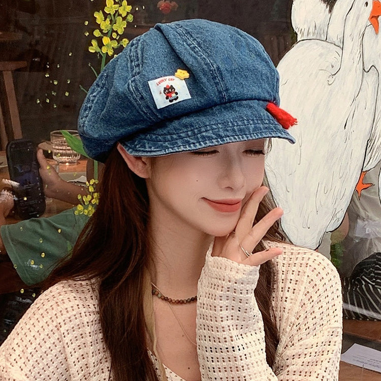 流行帽子 |水洗牛仔蝴蝶結貓咪貝雷帽子女復古做舊布標八角帽百搭報童帽潮牌「C5381」25.07-3