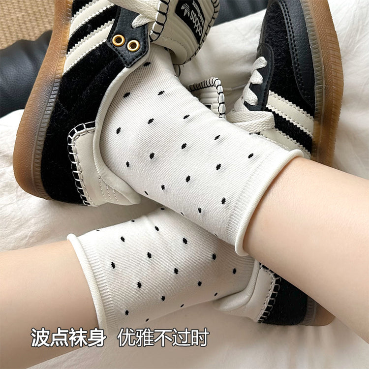 女襪|波點襪子女夏季薄款ins潮彈力卷邊中筒襪棉質親膚吸汗透氣堆堆襪「HD25811」25.04-4
