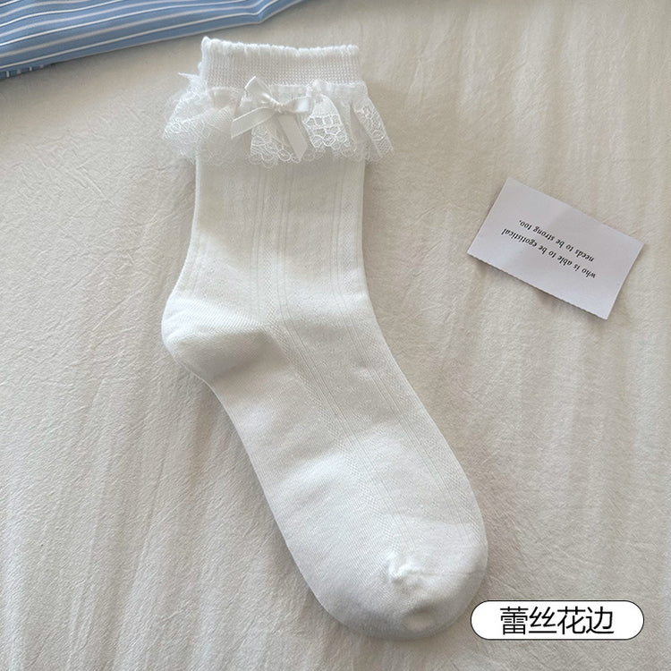 女襪|白色堆堆襪子女春夏薄款miu系蝴蝶結中筒襪吸汗透氣諸暨襪子批發「YM2510」25.03-4