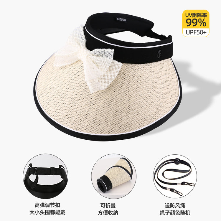 流行帽子|蕾絲蝴蝶結空頂帽女夏季黑膠防紫外線遮陽帽加寬帽檐沙灘太陽帽子「C3802」24.04-3