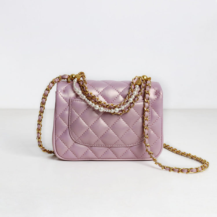 質感真皮|羊皮小方包2024年春夏新款菱格珍珠鏈條百搭高級質感單肩斜挎手機「D8062 X8061」24.04-1