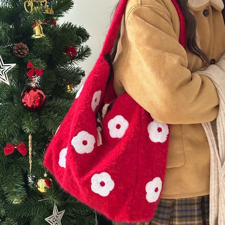 日韓流行|韓版毛絨花朵刺繡通勤水桶包秋冬新款小眾設計森系簡約毛呢托特包「B219」25.12-2