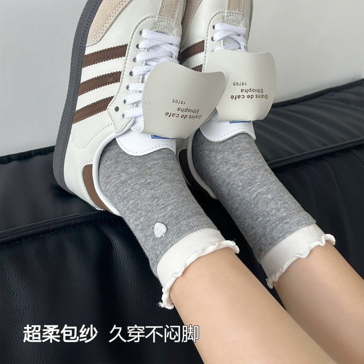 女襪|拼色雙羅口襪子女棉質吸汗透氣彈力花邊堆堆襪愛心紐扣無骨中筒襪「SM2506」25.06-1