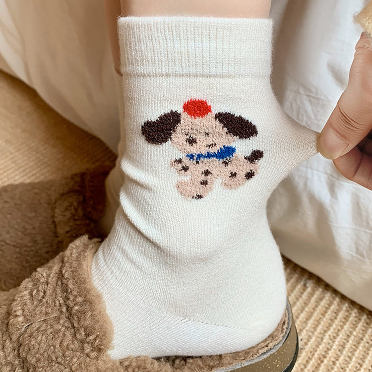 女襪|白色堆堆襪子女卡通小狗刺繡ins彈力中筒襪秋冬加厚保暖襪子「SM24524」24.11-2